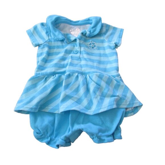 Okie Dokie Polo Romper Infant Girls Size 0-3M Blue Striped Short Sleeve Collared - Picture 1 of 4